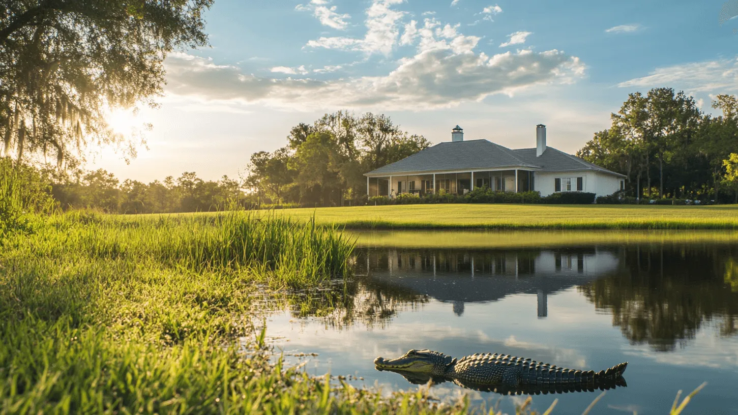 American house with aligator in water in front